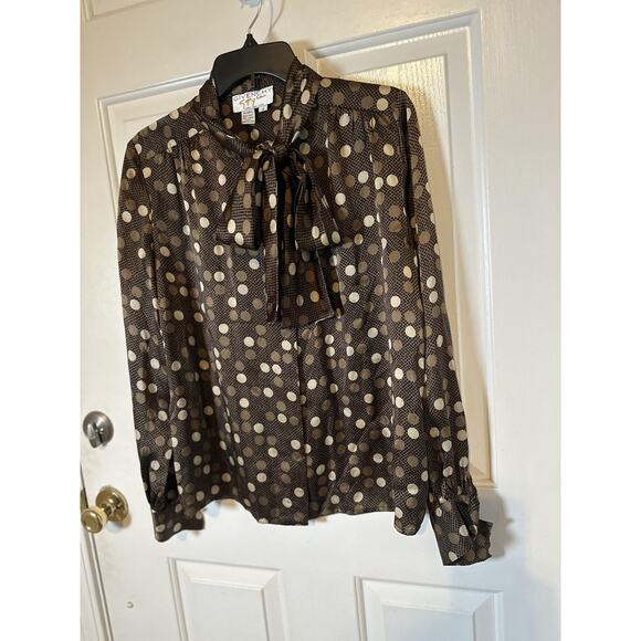 Vintage Givenchy Shirt Womens Size 4 Brown Silk Polka Dot Tie Neck Blouse 80s - Picture 3 of 10